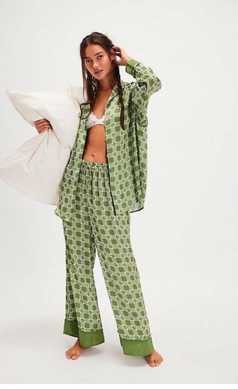 Intimately Free People Dreamy Days Pajama Set small Green Floral Check PJS